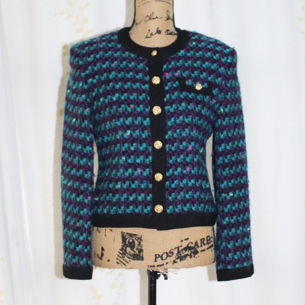 Windsmoor England Wool Mohair Purple Teal Black Jacket Gold Buttons Women's S